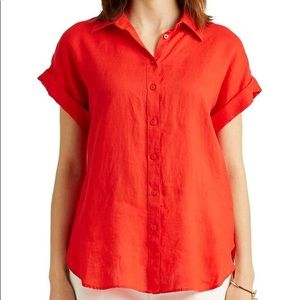 NWT Lauren Ralph Lauren Short Sleeve Linen Button Down Red Top Size Petite XS